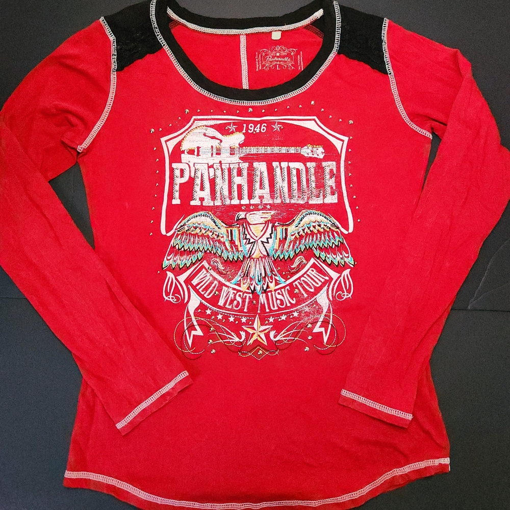 Panhandle Slim Womens Large Red Long Sleeve Tee Studded Western Wild West Top - Picture 8 of 14